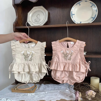 ノースリーブセットアップ ベビーセットアップ 2点セット ノースリーブフリルトップス+ブルマパンツ フラワー花柄刺繍 ピンク/アプリコット/2カラー【mh0004558】
