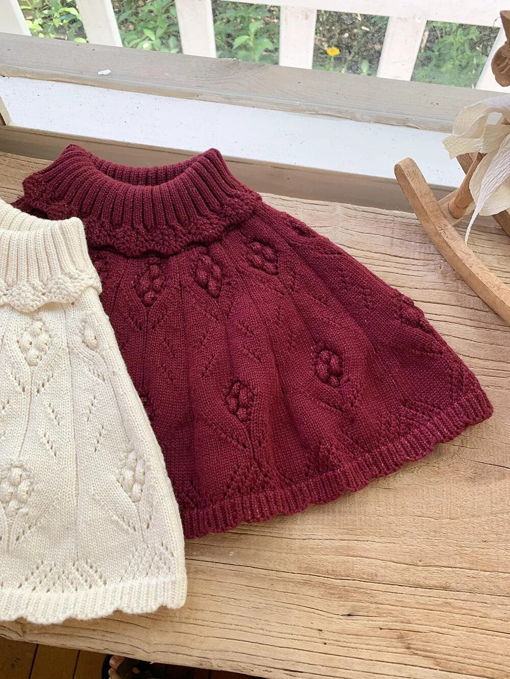 ショール キッズ ニットショール ポンチョ ハイネック ベージュ ダークレッド 2カラー ガールズ 女の子 子供服【mh0002973】