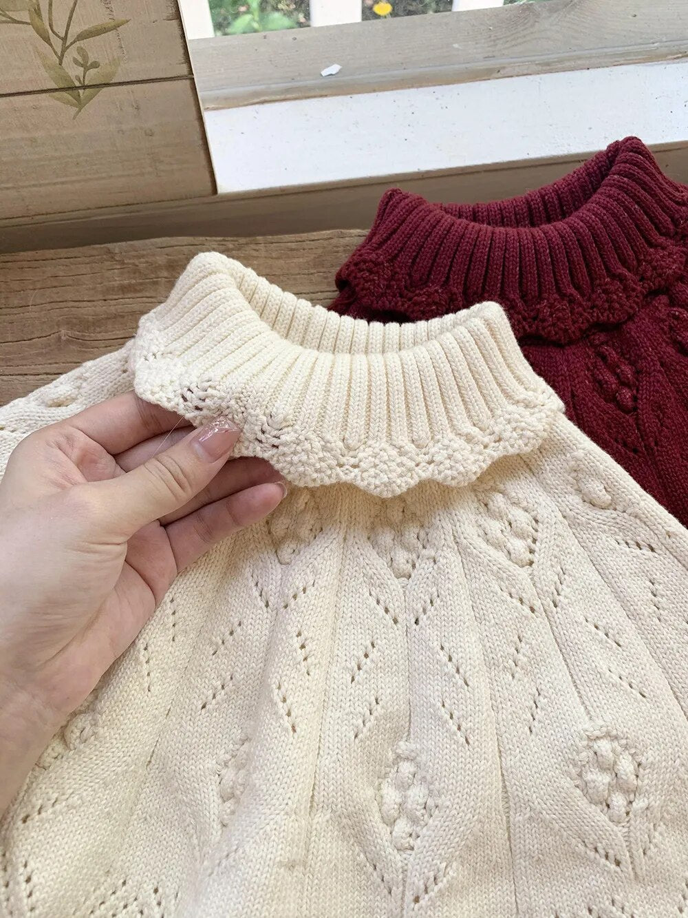 ショール キッズ ニットショール ポンチョ ハイネック ベージュ ダークレッド 2カラー ガールズ 女の子 子供服【mh0002973】