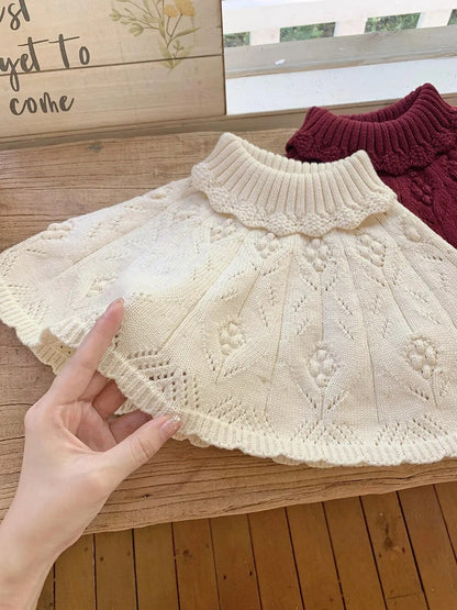 ショール キッズ ニットショール ポンチョ ハイネック ベージュ ダークレッド 2カラー ガールズ 女の子 子供服【mh0002973】