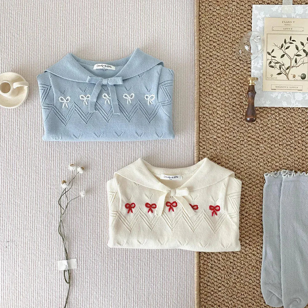 ニット・セーター ベビーキッズトップス ニット セーター セーラーカラー リボン刺繍 ブルー/ベージュ/2カラー【mh0004506】