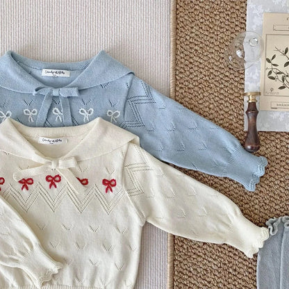 ニット・セーター ベビーキッズトップス ニット セーター セーラーカラー リボン刺繍 ブルー/ベージュ/2カラー【mh0004506】