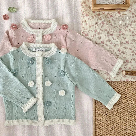 カーディガン・パーカー ベビーキッズカーディガン ニットジャケット フラワー刺繍 ピンク/グリーン/2カラー【mh0004554】