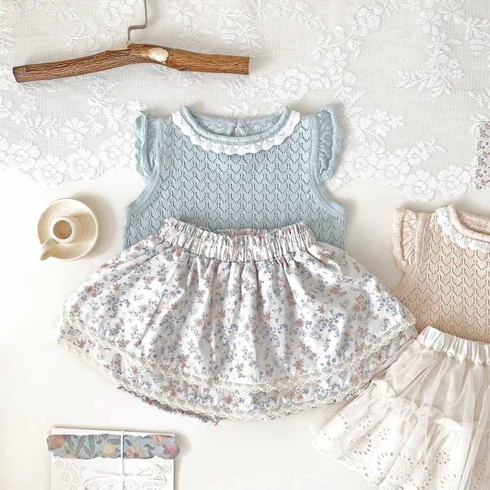 タンクトップ・キャミソール・ノースリーブトップス ベビーキッズトップス サマーニット レースニット ノースリーブカットソー 2カラー【mh0005339】