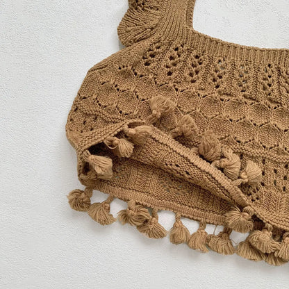 ベスト ベビーキッズベスト レースニットフリルショルダー重ね着フリンジベストトップス 2カラー【mh0006725】