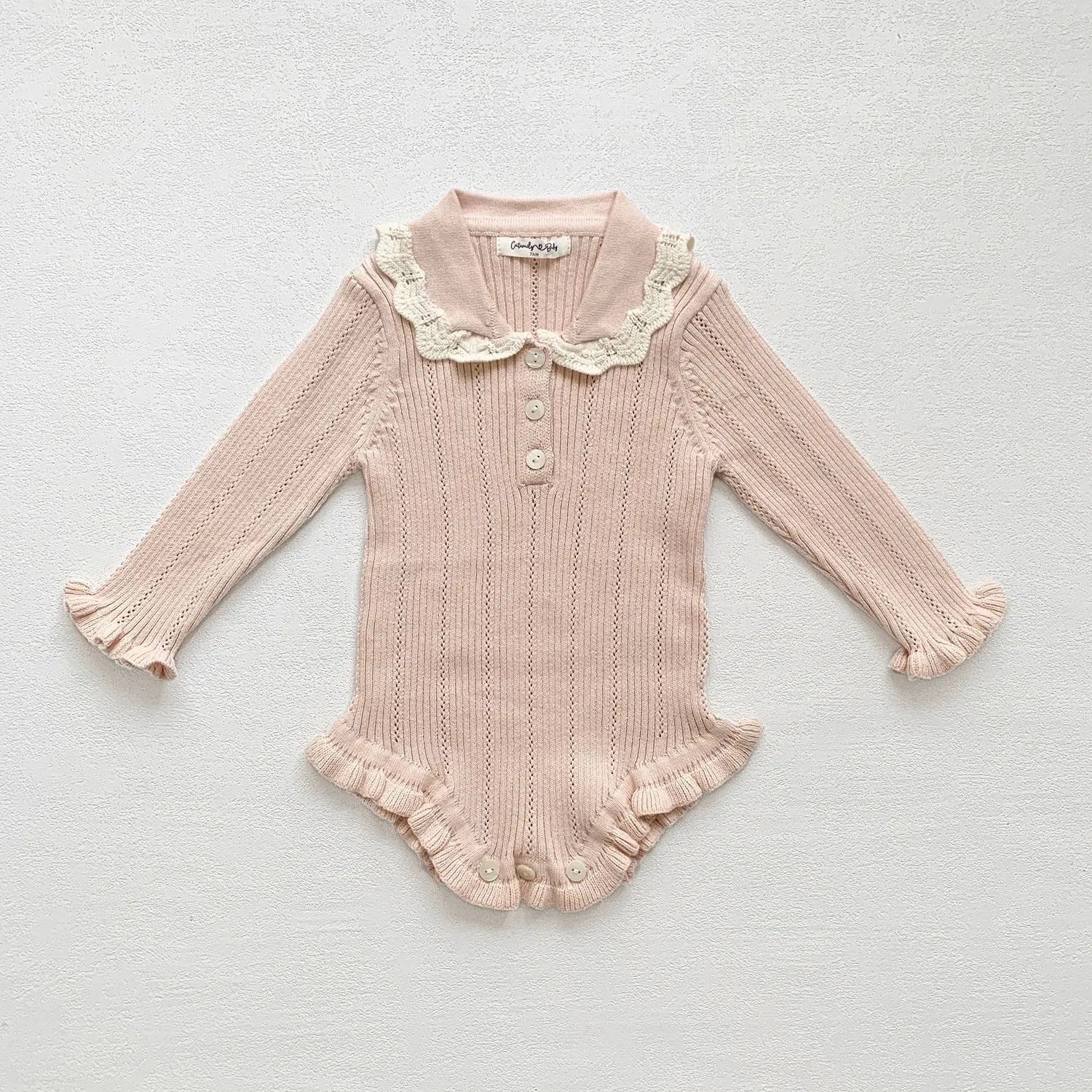 長袖ロンパース ベビーロンパース フリル襟長袖ニットボディスーツ 2カラー【mh0007437】