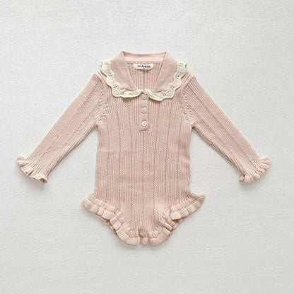 長袖ロンパース ベビーロンパース フリル襟長袖ニットボディスーツ 2カラー【mh0007437】