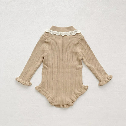 長袖ロンパース ベビーロンパース フリル襟長袖ニットボディスーツ 2カラー【mh0007437】