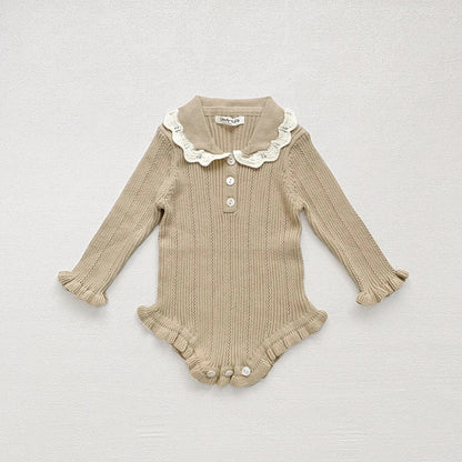 長袖ロンパース ベビーロンパース フリル襟長袖ニットボディスーツ 2カラー【mh0007437】