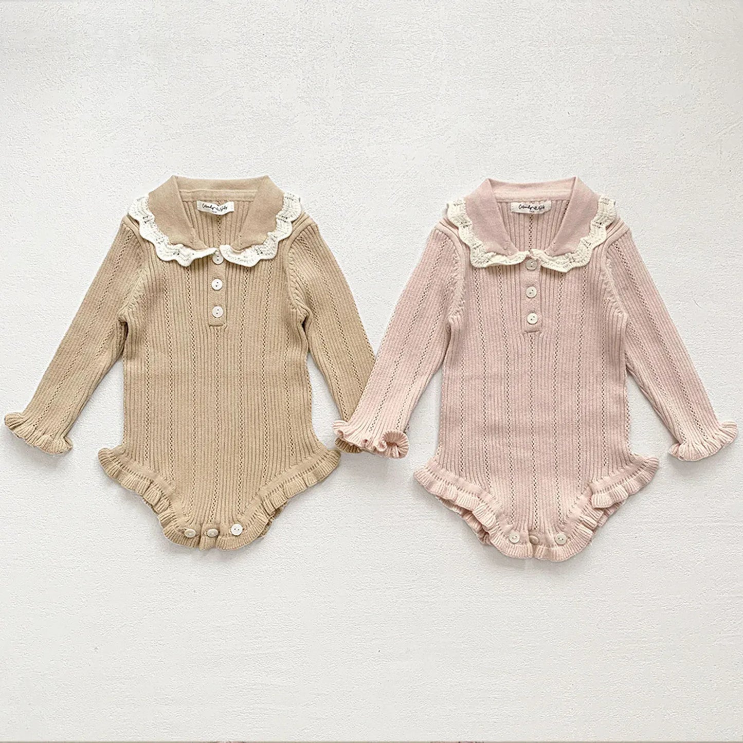 長袖ロンパース ベビーロンパース フリル襟長袖ニットボディスーツ 2カラー【mh0007437】