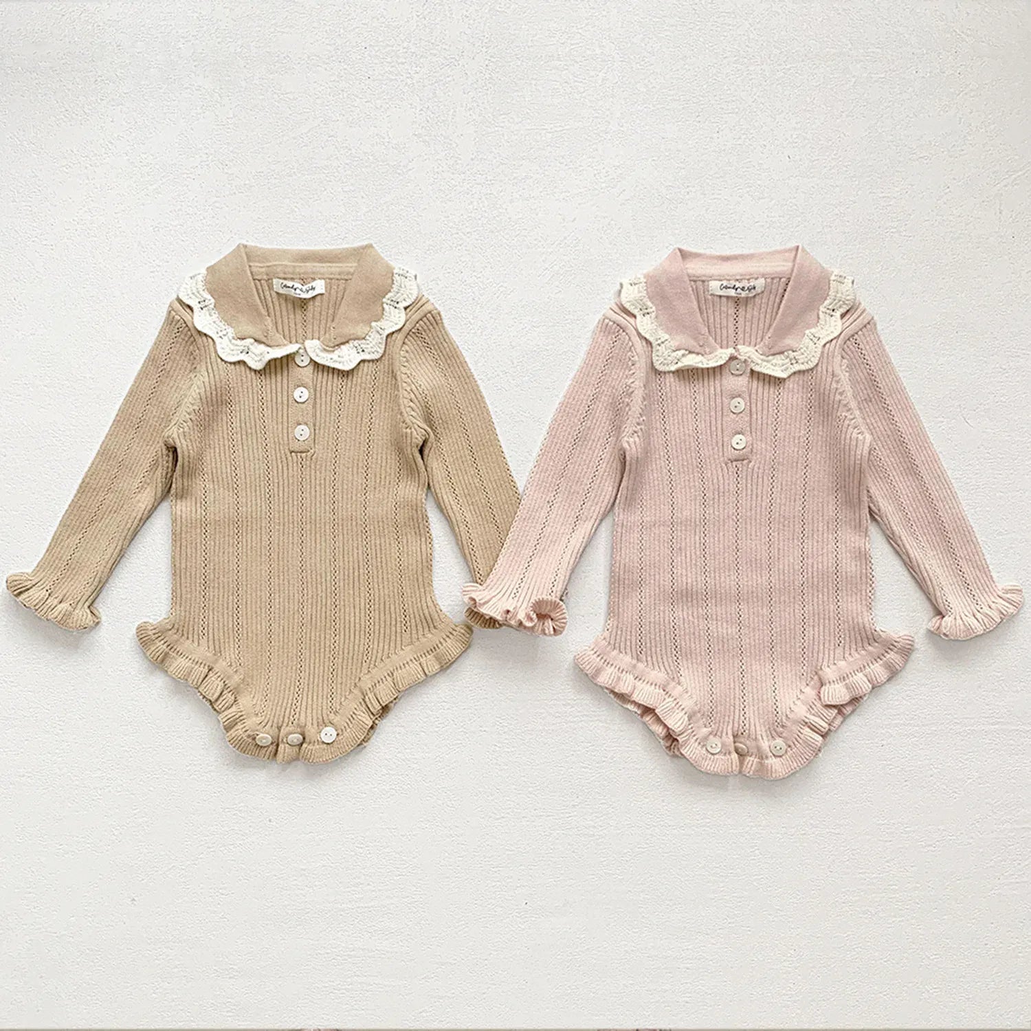 長袖ロンパース ベビーロンパース フリル襟長袖ニットボディスーツ 2カラー【mh0007437】
