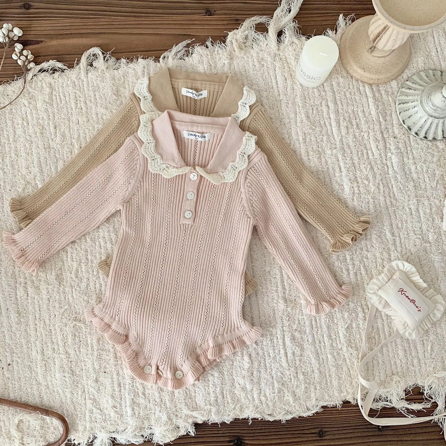 長袖ロンパース ベビーロンパース フリル襟長袖ニットボディスーツ 2カラー【mh0007437】