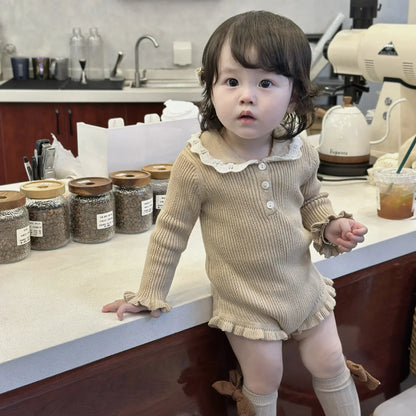 長袖ロンパース ベビーロンパース フリル襟長袖ニットボディスーツ 2カラー【mh0007437】