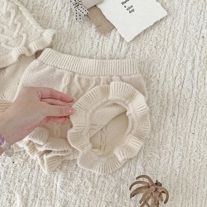 長袖セットアップ ベビーキッズセットアップ 2点セット ビッグラッフル襟ハートニット長袖セーター+ニットフリルブルマパンツ【mh0007894】