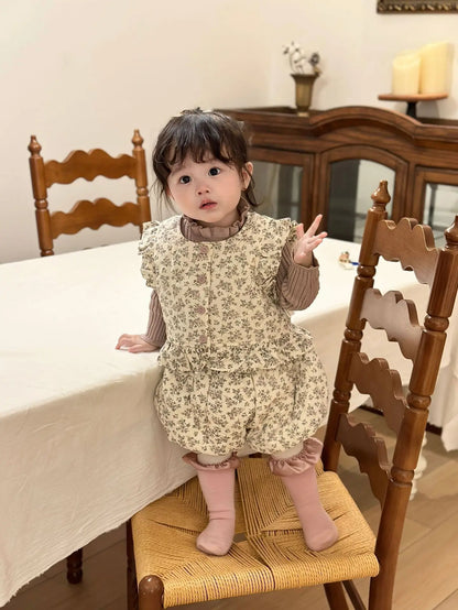 ノースリーブセットアップ ベビーキッズセットアップ 2点セット フラワープリントパデッドペプラムベスト+バルーンショートパンツ【mh0007895】