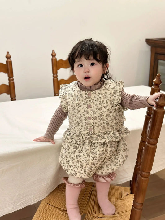 ノースリーブセットアップ ベビーキッズセットアップ 2点セット フラワープリントパデッドペプラムベスト+バルーンショートパンツ【mh0007895】