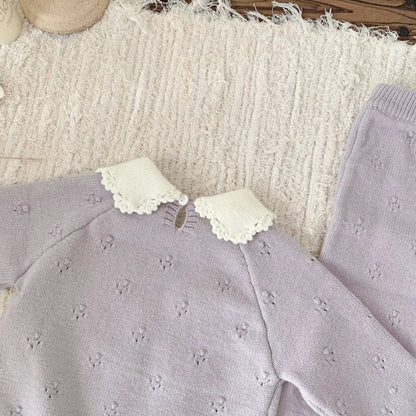 長袖セットアップ キッズセットアップ 2点セット 襟付きニットプルオーバー+フレアニットパンツ【mh0007896】