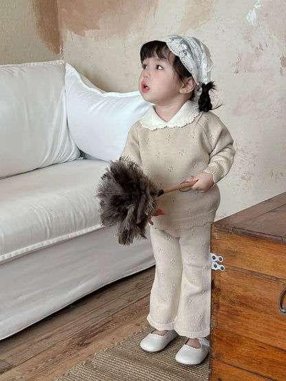 長袖セットアップ キッズセットアップ 2点セット 襟付きニットプルオーバー+フレアニットパンツ【mh0007896】