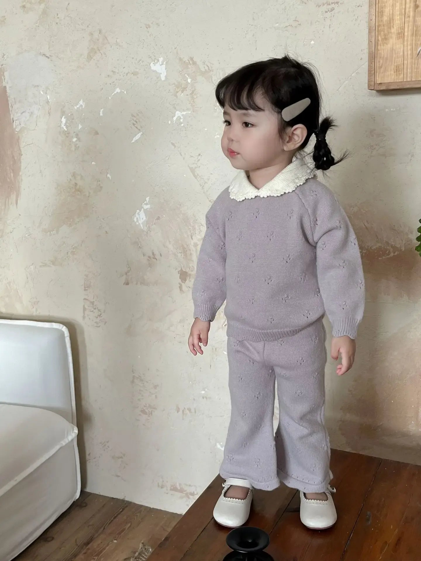 長袖セットアップ キッズセットアップ 2点セット 襟付きニットプルオーバー+フレアニットパンツ【mh0007896】