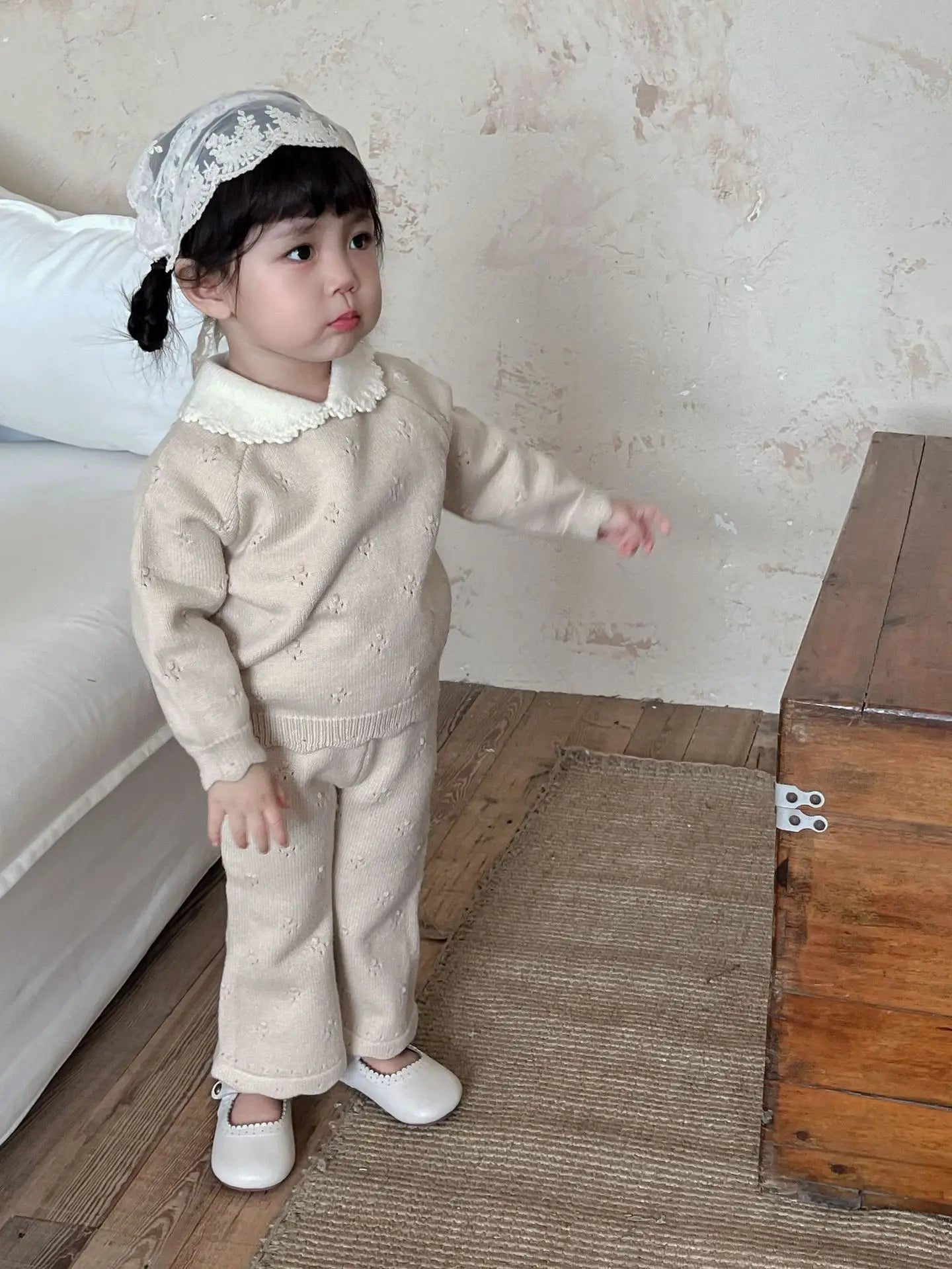 長袖セットアップ キッズセットアップ 2点セット 襟付きニットプルオーバー+フレアニットパンツ【mh0007896】