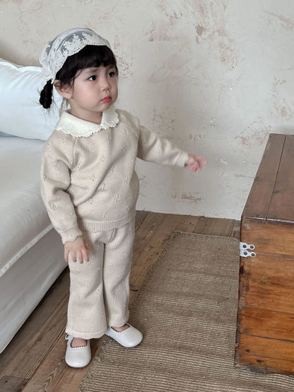 長袖セットアップ キッズセットアップ 2点セット 襟付きニットプルオーバー+フレアニットパンツ【mh0007896】