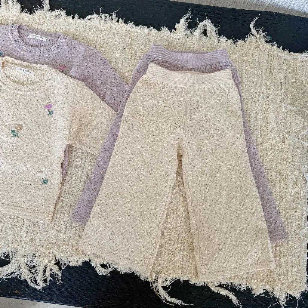 長袖セットアップ フラワー刺繍ニットプルオーバー+ワイドパンツ 2点セット【mh0011161】