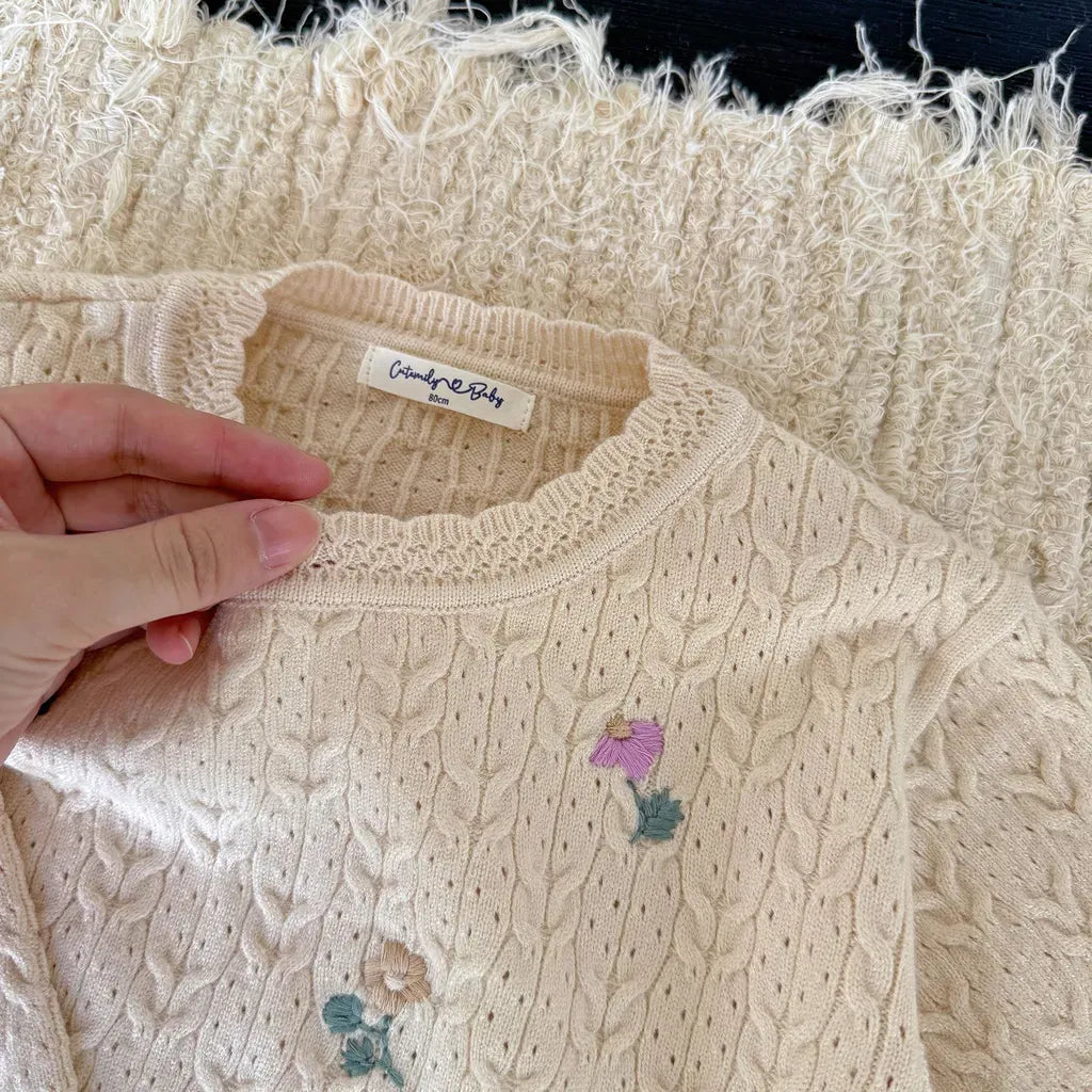 長袖セットアップ フラワー刺繍ニットプルオーバー+ワイドパンツ 2点セット【mh0011161】