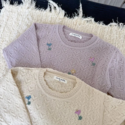 長袖セットアップ フラワー刺繍ニットプルオーバー+ワイドパンツ 2点セット【mh0011161】