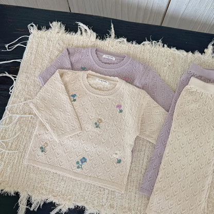 長袖セットアップ フラワー刺繍ニットプルオーバー+ワイドパンツ 2点セット【mh0011161】