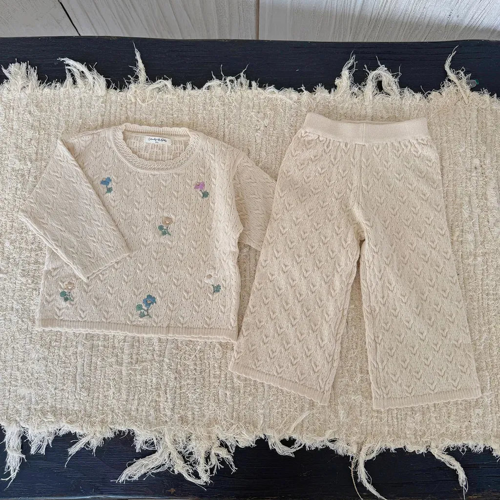 長袖セットアップ フラワー刺繍ニットプルオーバー+ワイドパンツ 2点セット【mh0011161】