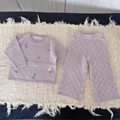 長袖セットアップ フラワー刺繍ニットプルオーバー+ワイドパンツ 2点セット【mh0011161】