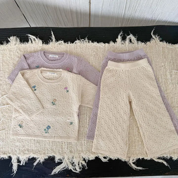 長袖セットアップ フラワー刺繍ニットプルオーバー+ワイドパンツ 2点セット【mh0011161】