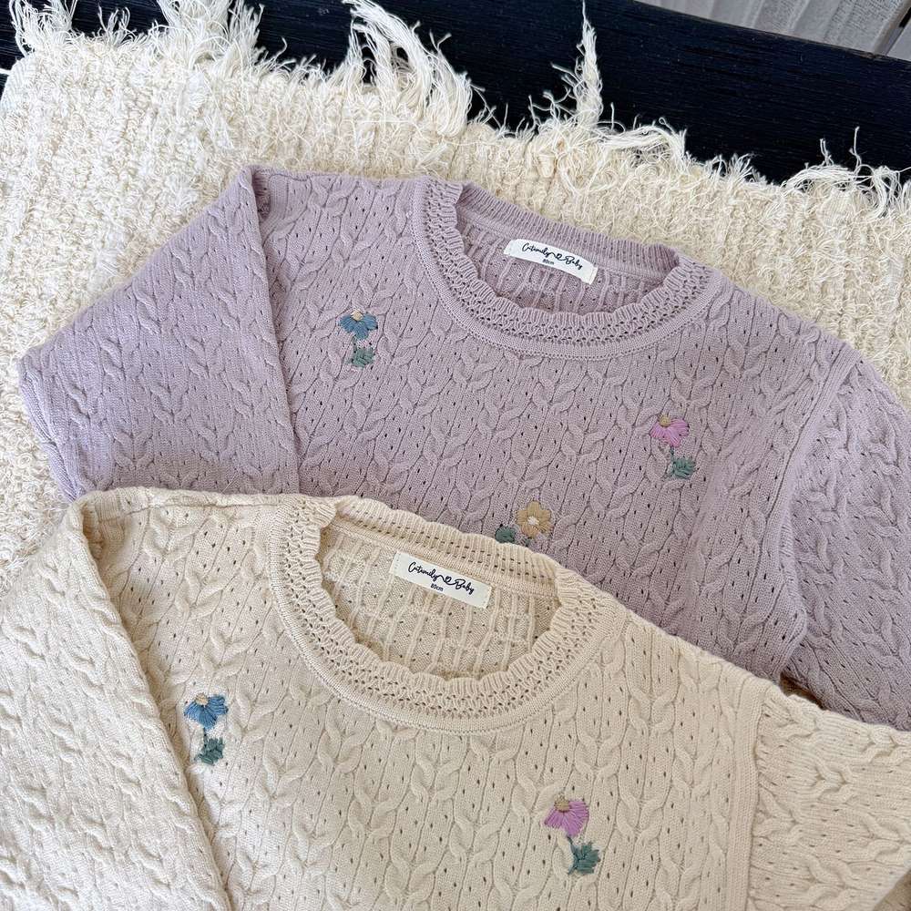 長袖セットアップ 長袖ニットセットアップ 2点セット フラワー刺繍 透かし編み ワイドパンツ【mh0011510】