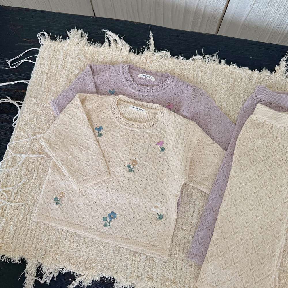 長袖セットアップ 長袖ニットセットアップ 2点セット フラワー刺繍 透かし編み ワイドパンツ【mh0011510】