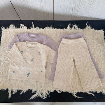 長袖セットアップ 長袖ニットセットアップ 2点セット フラワー刺繍 透かし編み ワイドパンツ【mh0011510】