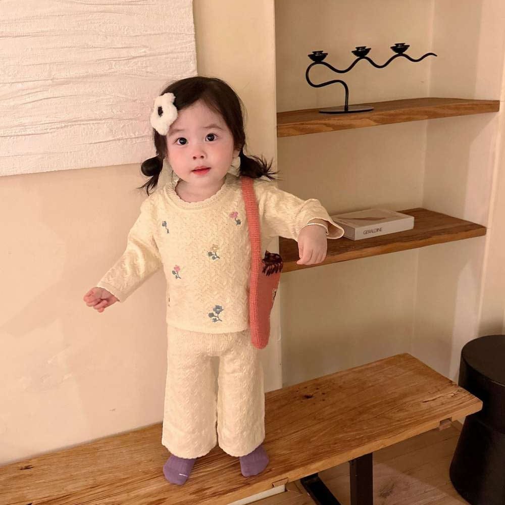 長袖セットアップ 長袖ニットセットアップ 2点セット フラワー刺繍 透かし編み ワイドパンツ【mh0011510】