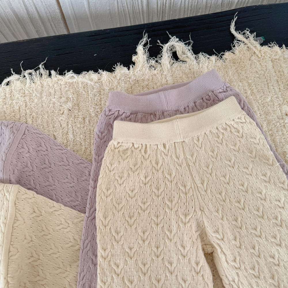 長袖セットアップ 長袖ニットセットアップ 2点セット フラワー刺繍 透かし編み ワイドパンツ【mh0011510】