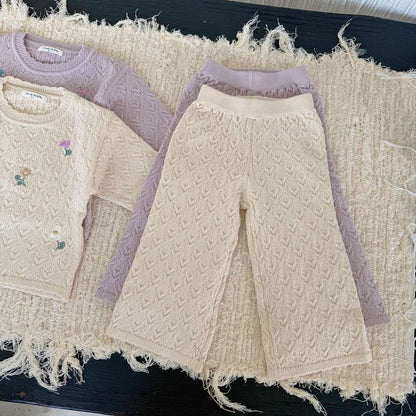 長袖セットアップ 長袖ニットセットアップ 2点セット フラワー刺繍 透かし編み ワイドパンツ【mh0011510】