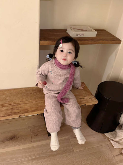 長袖セットアップ 長袖ニットセットアップ 2点セット フラワー刺繍 透かし編み ワイドパンツ【mh0011510】