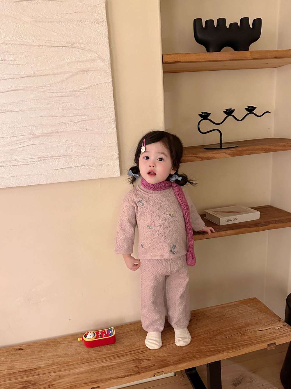 長袖セットアップ 長袖ニットセットアップ 2点セット フラワー刺繍 透かし編み ワイドパンツ【mh0011510】