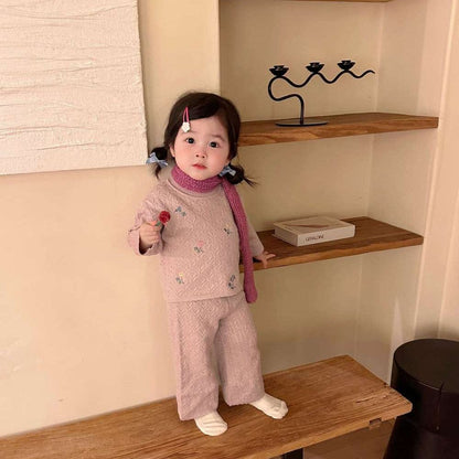 長袖セットアップ 長袖ニットセットアップ 2点セット フラワー刺繍 透かし編み ワイドパンツ【mh0011510】