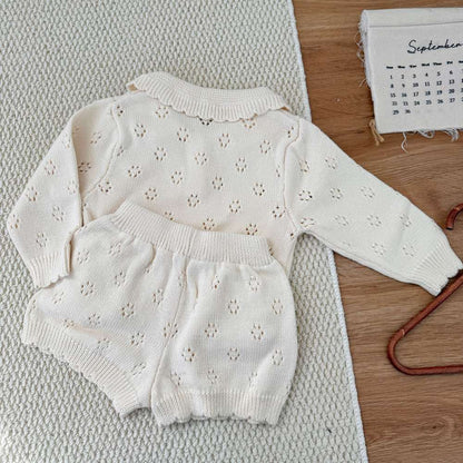 長袖セットアップ 長袖ニットトップス+ショートパンツ 透かし編み レース襟付き セットアップ 2点セット【mh0011511】