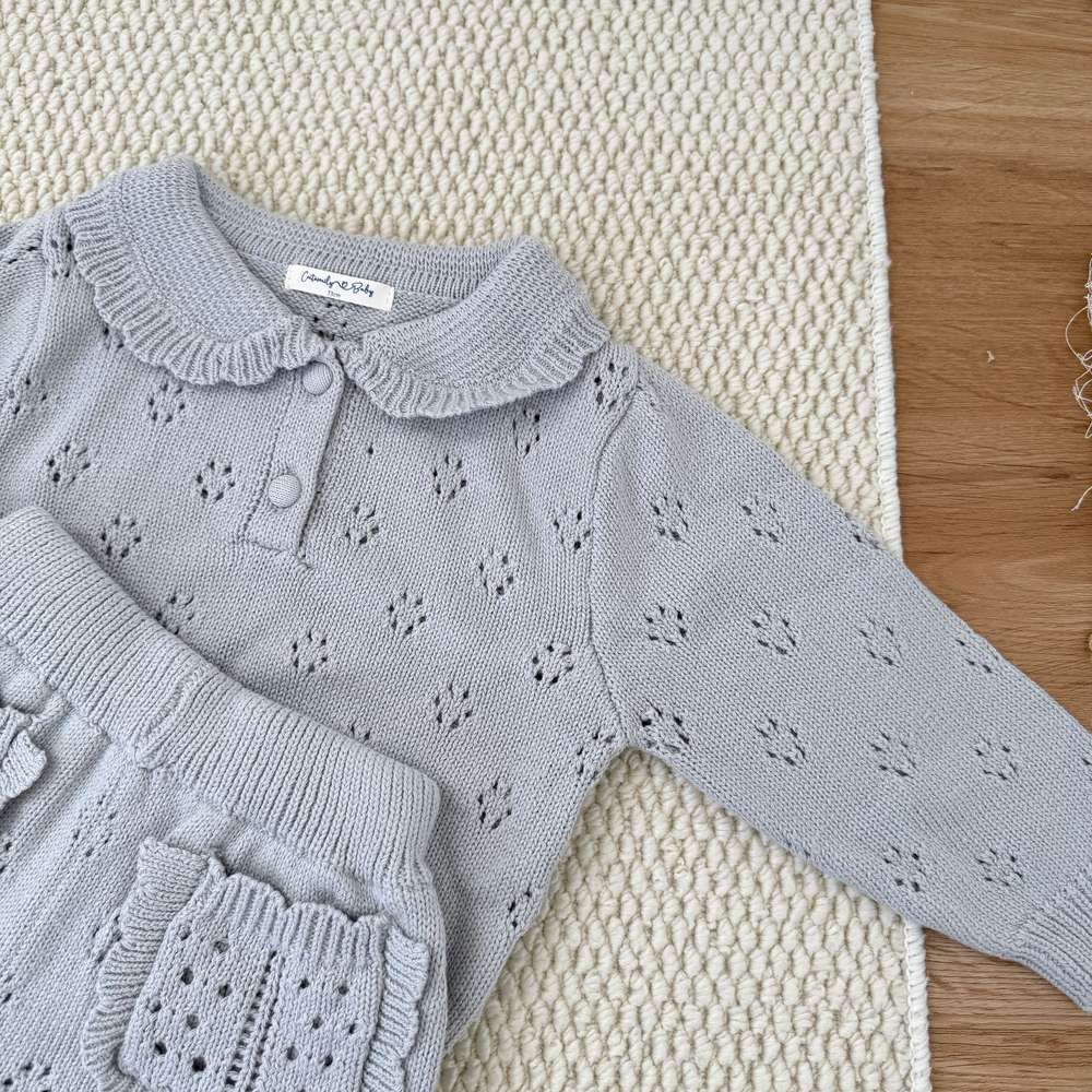 長袖セットアップ 長袖ニットトップス+ショートパンツ 透かし編み レース襟付き セットアップ 2点セット【mh0011511】