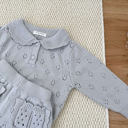 長袖セットアップ 長袖ニットトップス+ショートパンツ 透かし編み レース襟付き セットアップ 2点セット【mh0011511】