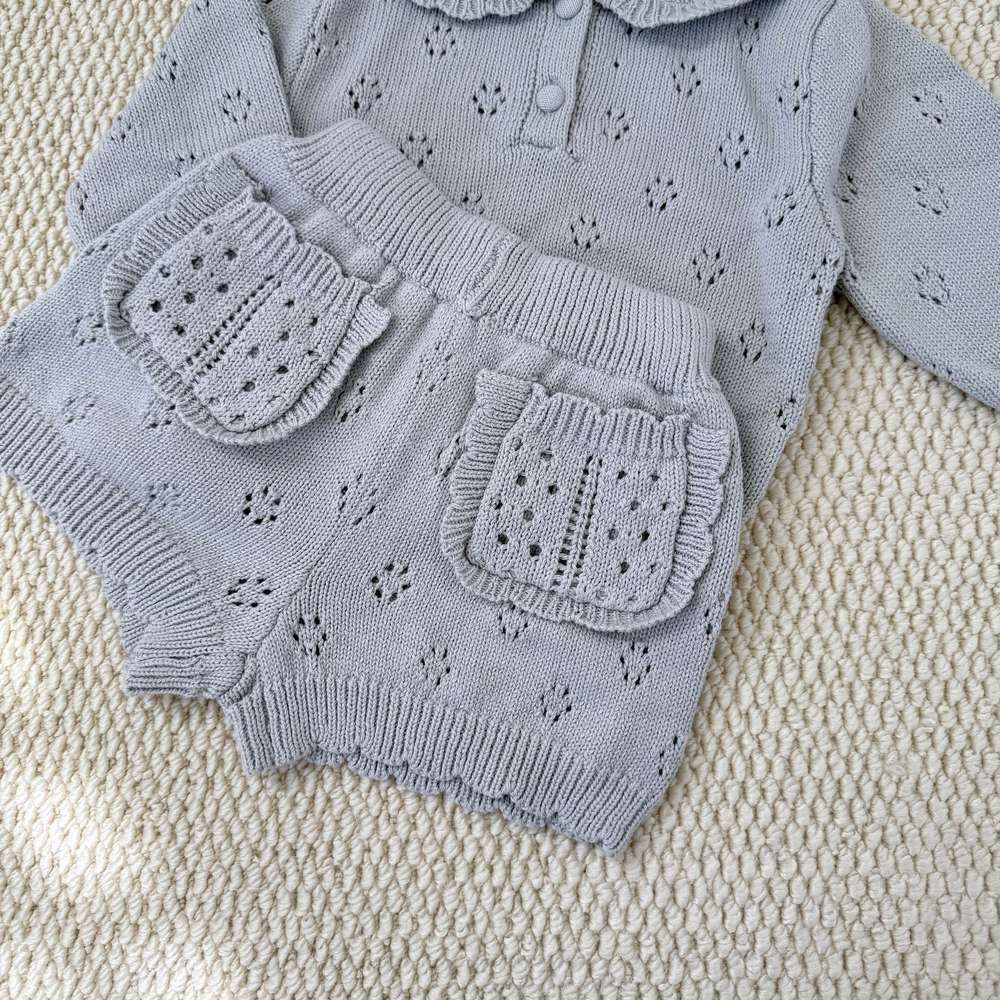 長袖セットアップ 長袖ニットトップス+ショートパンツ 透かし編み レース襟付き セットアップ 2点セット【mh0011511】