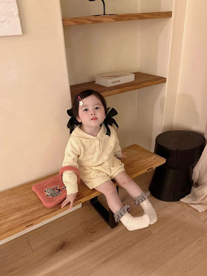 長袖セットアップ 長袖ニットトップス+ショートパンツ 透かし編み レース襟付き セットアップ 2点セット【mh0011511】