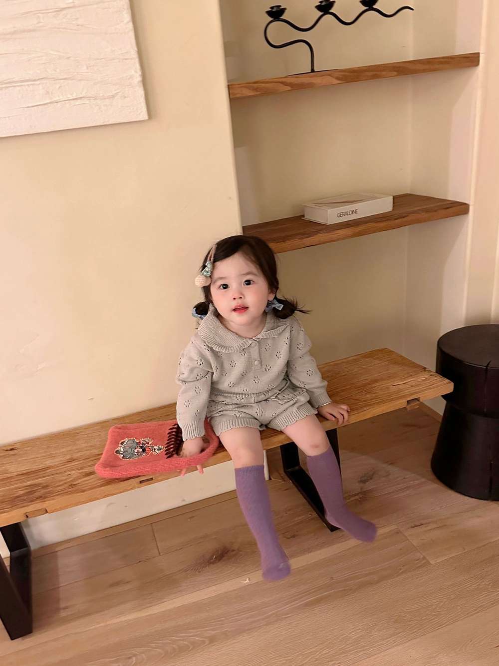 長袖セットアップ 長袖ニットトップス+ショートパンツ 透かし編み レース襟付き セットアップ 2点セット【mh0011511】