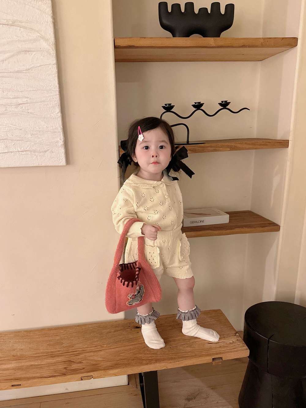 長袖セットアップ 長袖ニットトップス+ショートパンツ 透かし編み レース襟付き セットアップ 2点セット【mh0011511】