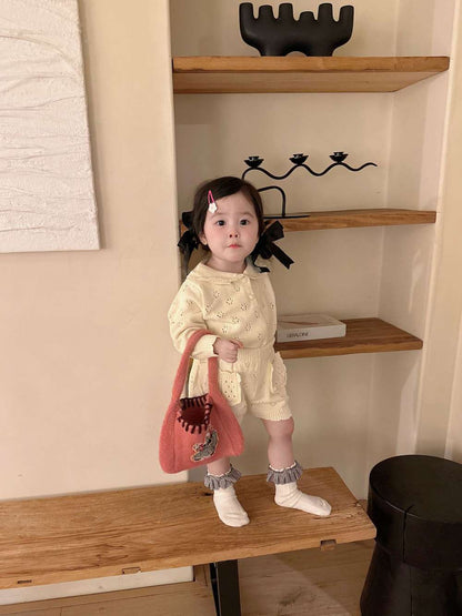 長袖セットアップ 長袖ニットトップス+ショートパンツ 透かし編み レース襟付き セットアップ 2点セット【mh0011511】