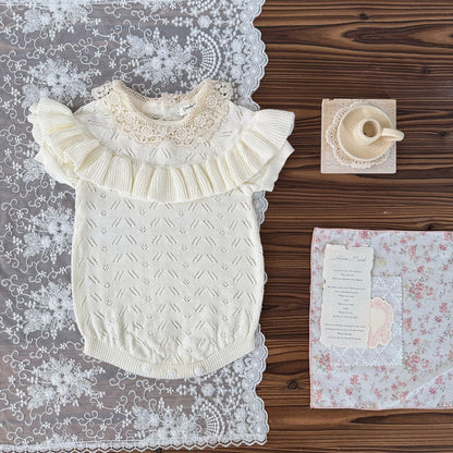 半袖ロンパース Apricot / 66cm ラッフルフリルレースニット半袖ロンパース【mh0009556】